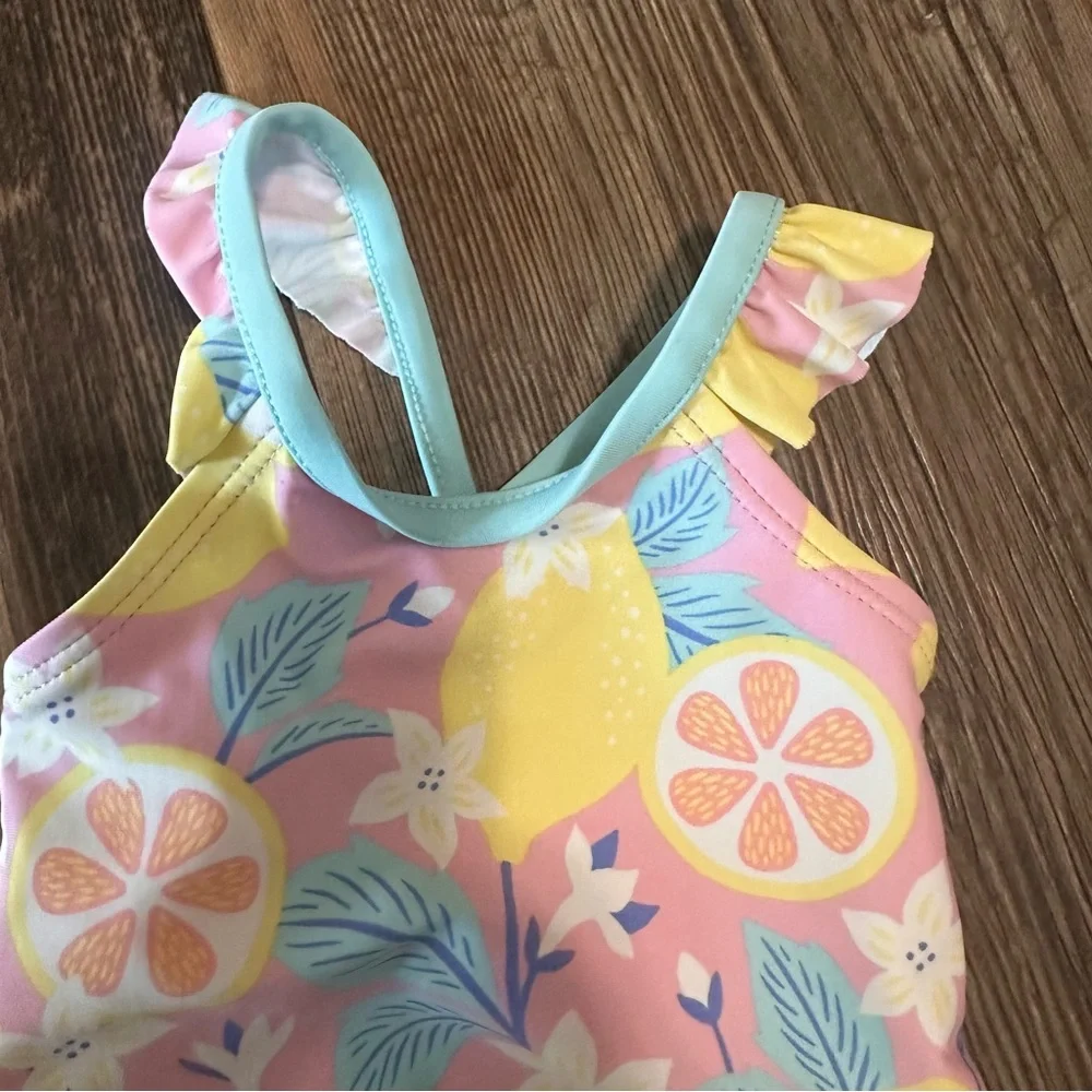 Carters 1-piece baby girl 3 mo swim suit lemon flowers ruffle